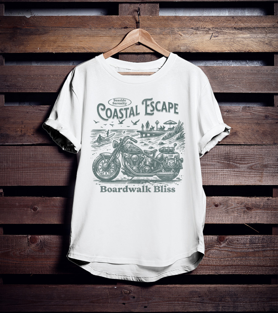 Seaside Serenity Coastal Escape Motorcycle Boardwalk Bliss T-Shirt