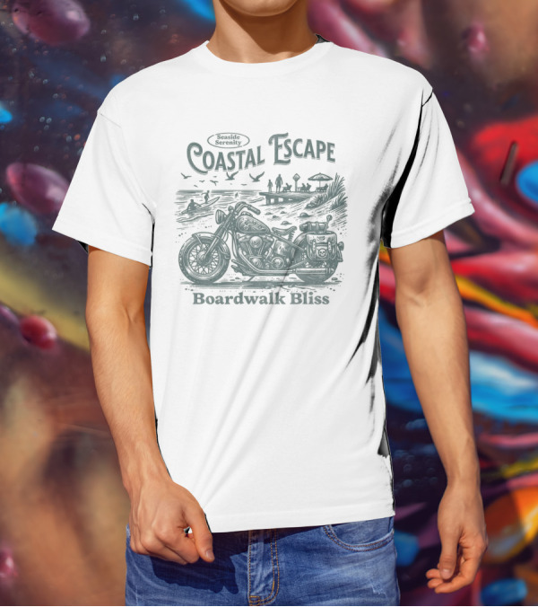 Seaside Serenity Coastal Escape Motorcycle Boardwalk Bliss T-Shirt