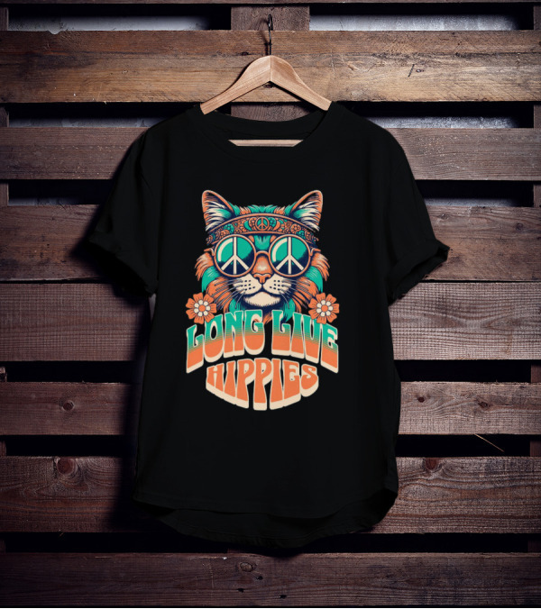 Long Live Hippies Cat With Peace Sign Glasses And Flowers T-Shirt
