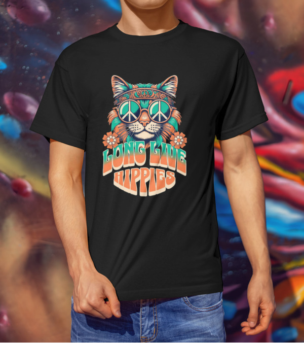Long Live Hippies Cat With Peace Sign Glasses And Flowers T-Shirt