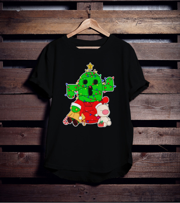 Funny Cactuar Christmas Lights With Moogle And Santa Costumes T-Shirt