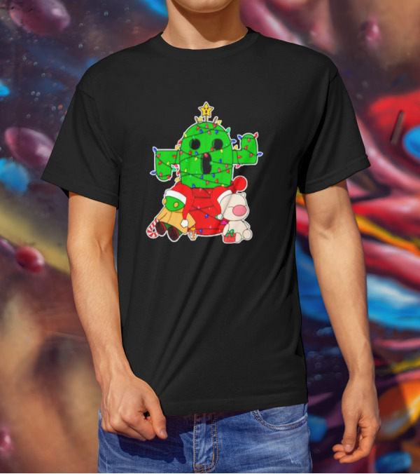 Funny Cactuar Christmas Lights With Moogle And Santa Costumes T-Shirt