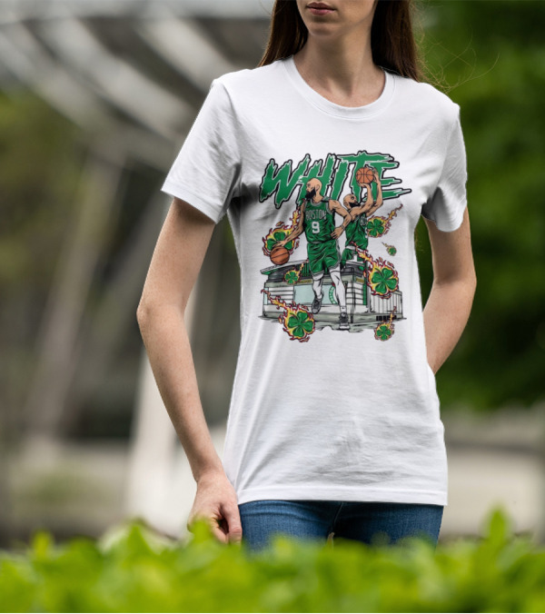 Boston Celtics White 9 Basketball Player With Shamrocks And Basketball Court T-Shirt