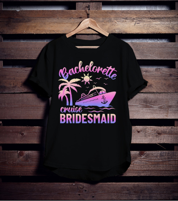Bachelorette Cruise Bridesmaid Sun Palm Trees Anchor Ocean Waves T-Shirt