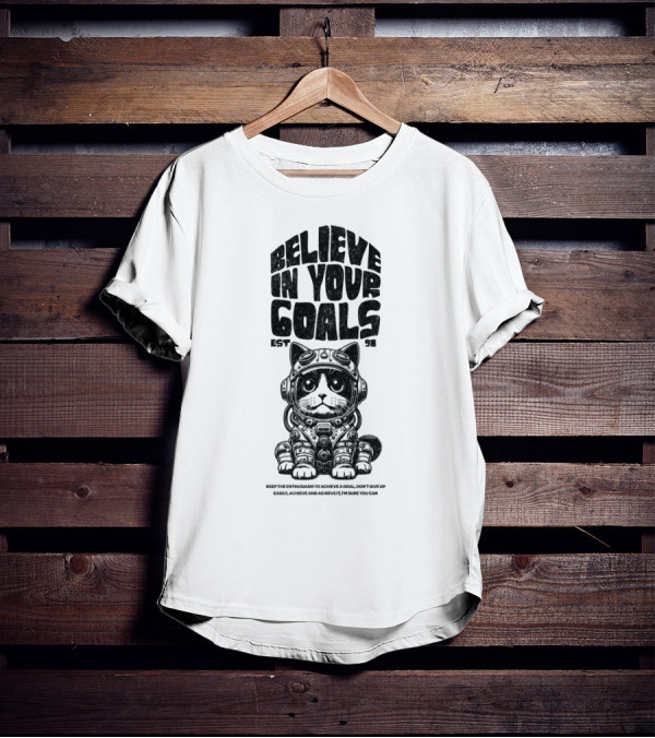 Believe In Your Goals Cat Astronaut EST 98 Keep The Enthusiasm Achieve A Goal Don't Give Up Easily Achieve Achieve It I'm Sure You Can T-Shirt