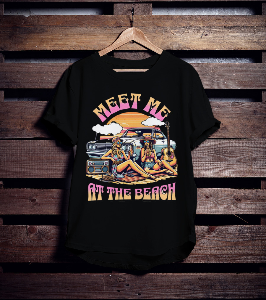 Meet Me At The Beach Sunset Paradise With Classic Car And Guitar T-Shirt