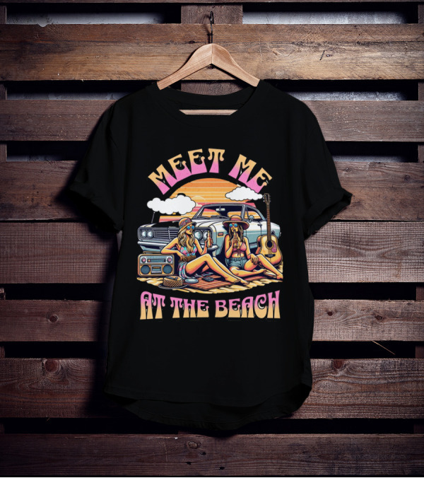 Meet Me At The Beach Sunset Paradise With Classic Car And Guitar T-Shirt