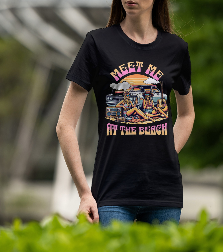 Meet Me At The Beach Sunset Paradise With Classic Car And Guitar T-Shirt