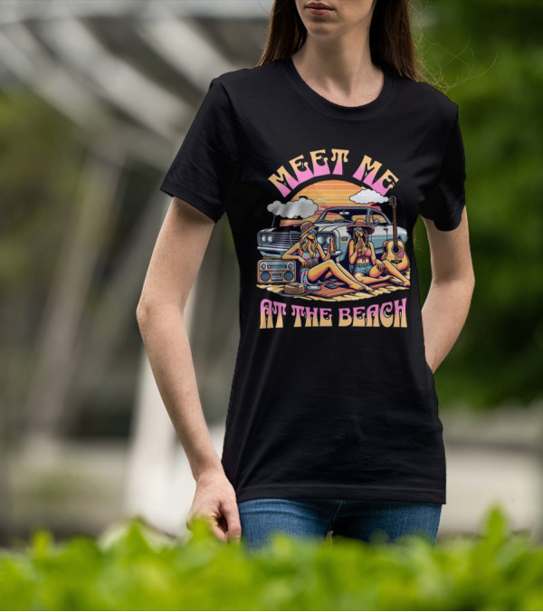 Meet Me At The Beach Sunset Paradise With Classic Car And Guitar T-Shirt