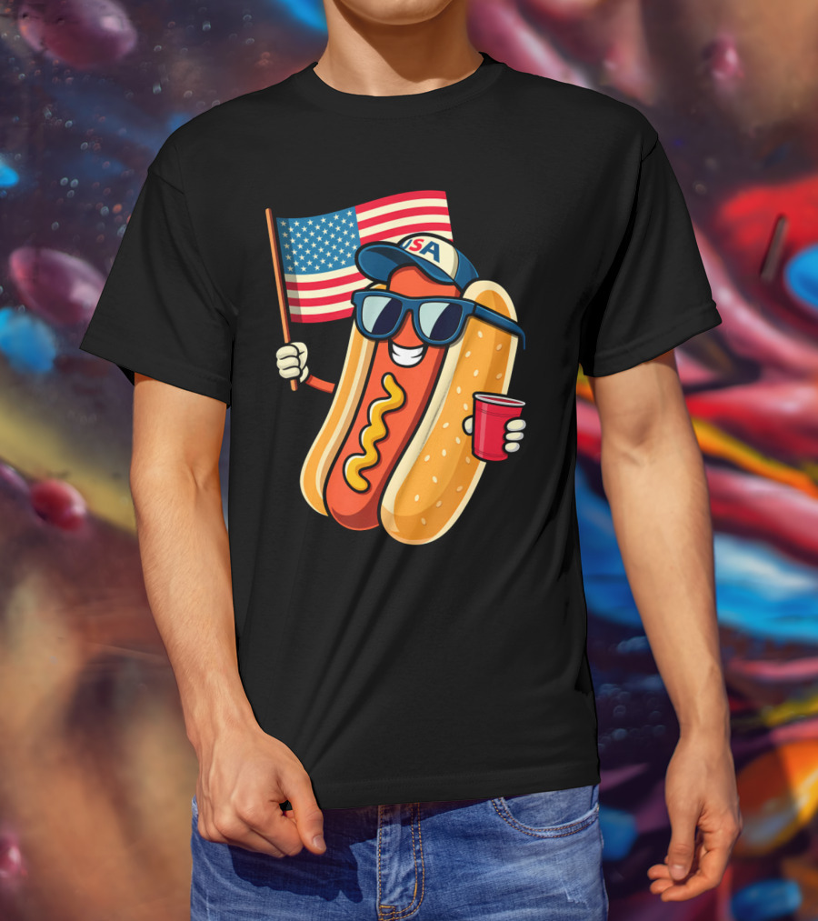 Fourth Of July USA Hotdog With American Flag And Sunglasses T-Shirt