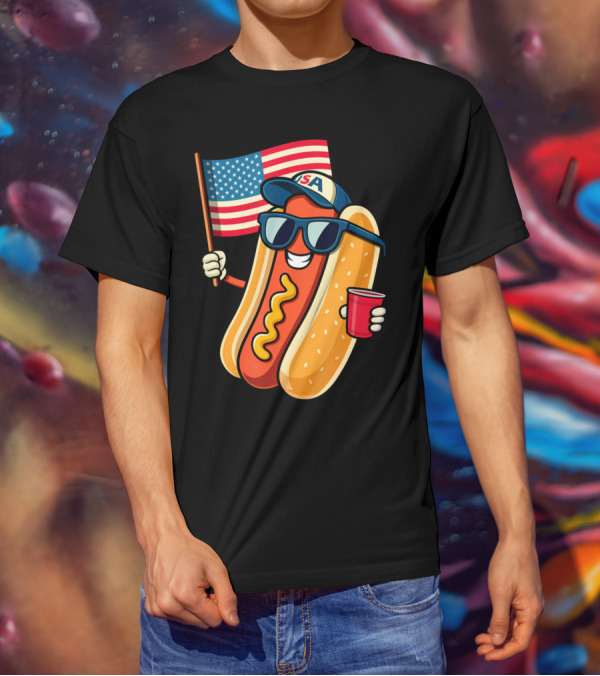 Fourth Of July USA Hotdog With American Flag And Sunglasses T-Shirt