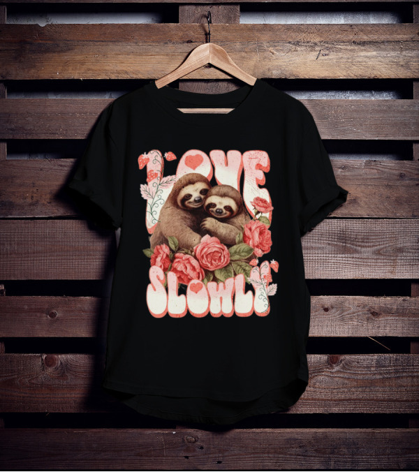 Love Slowly Sloth Couple Romance Valentine Heart Roses T-Shirt
