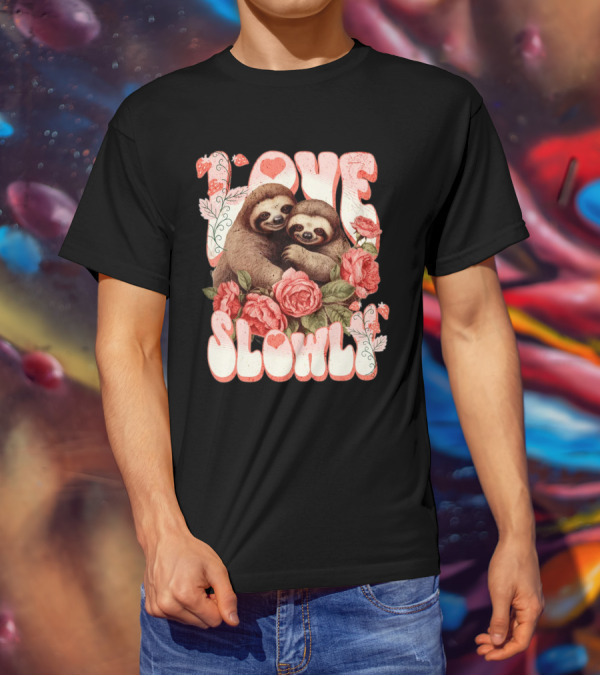 Love Slowly Sloth Couple Romance Valentine Heart Roses T-Shirt