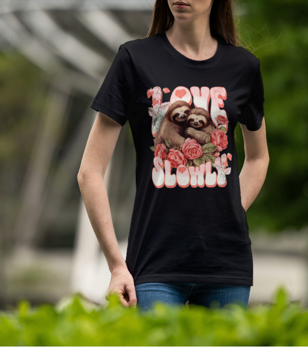 Love Slowly Sloth Couple Romance Valentine Heart Roses T-Shirt