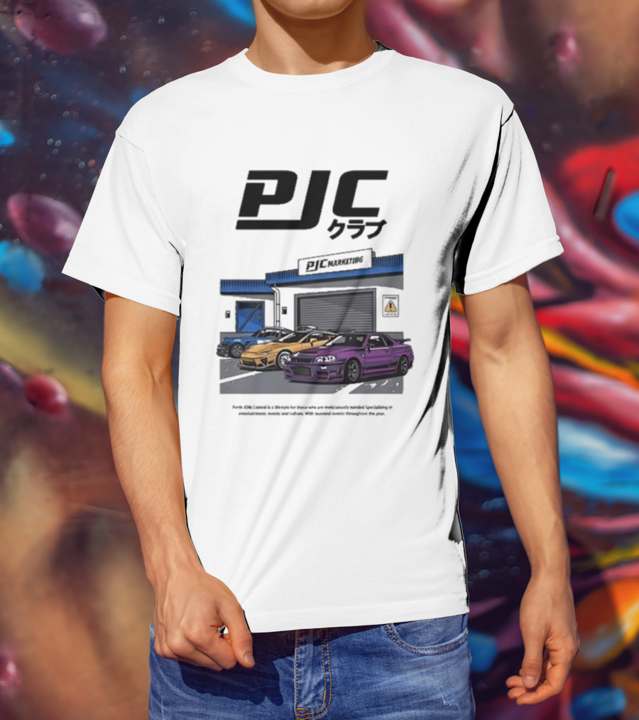 PJC クラブ Perth JDM Central PJC Marketing Garage Cars T-Shirt