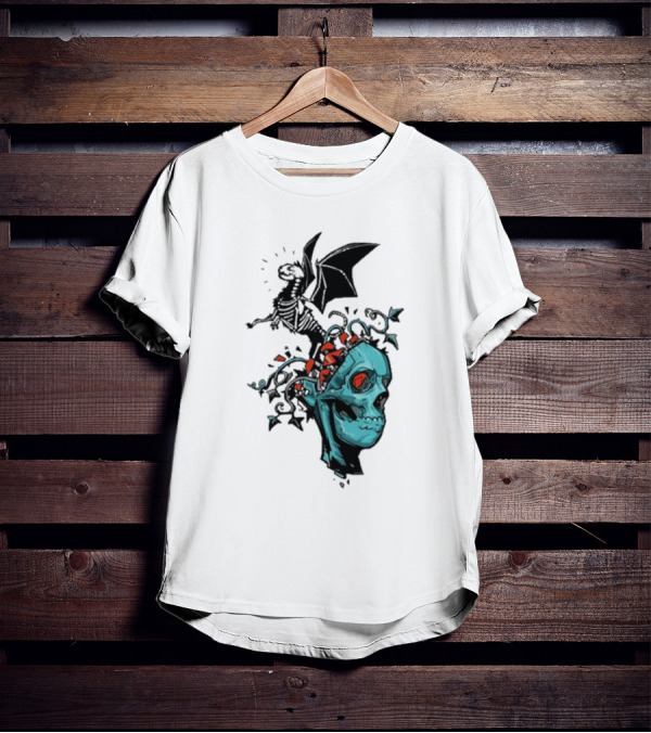 Scott Buoncristiano Skeleton Head With Dragon And Red Accents T-Shirt