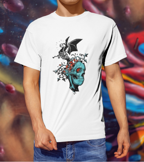 Scott Buoncristiano Skeleton Head With Dragon And Red Accents T-Shirt