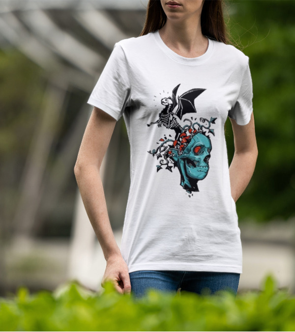 Scott Buoncristiano Skeleton Head With Dragon And Red Accents T-Shirt