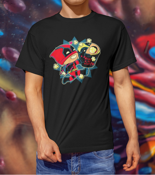Deadpool Wolverine Pushing By Deadpool Popcorn Buckets Heart T-Shirt
