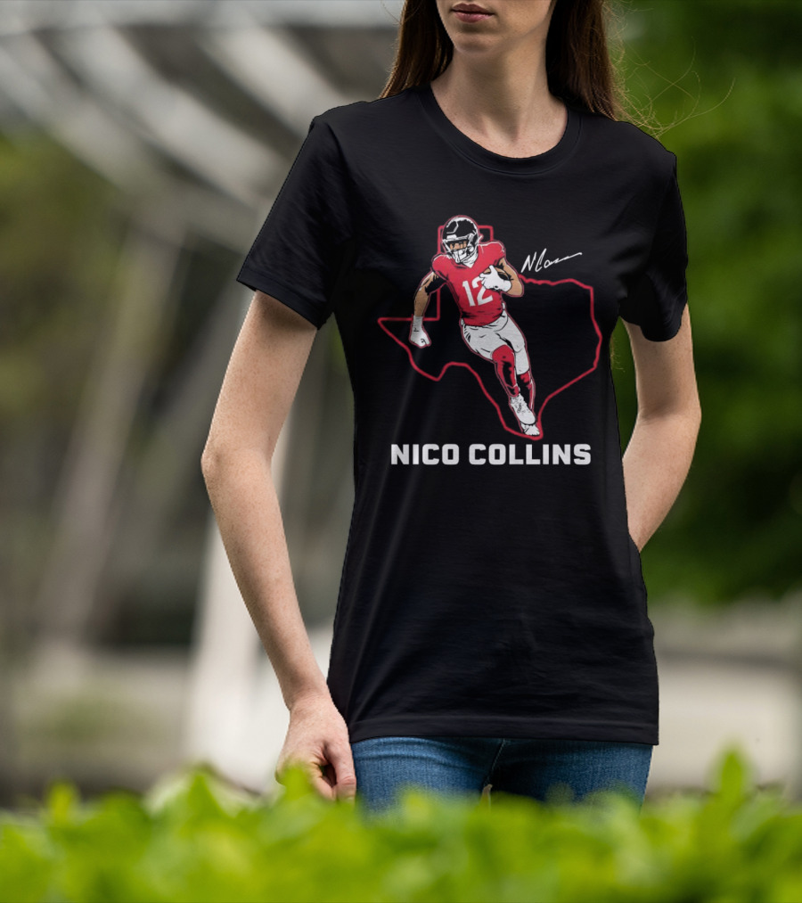 Nico Collins 12 Houston Texans State Outline Signature T-Shirt