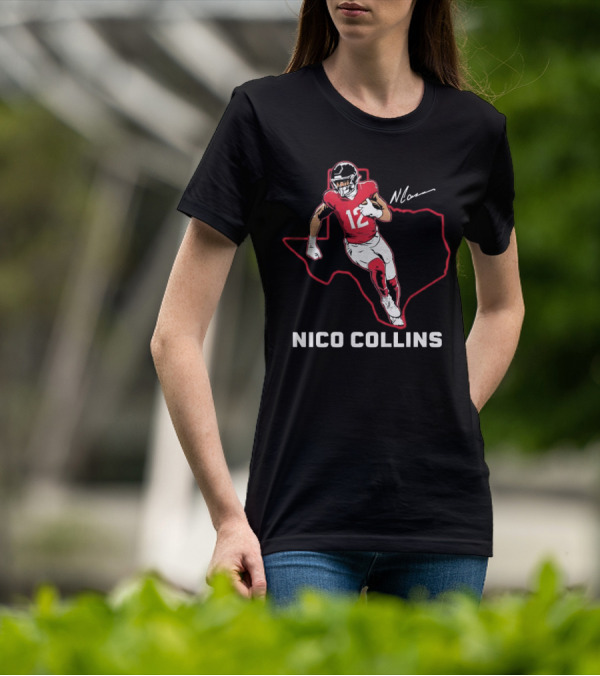 Nico Collins 12 Houston Texans State Outline Signature T-Shirt