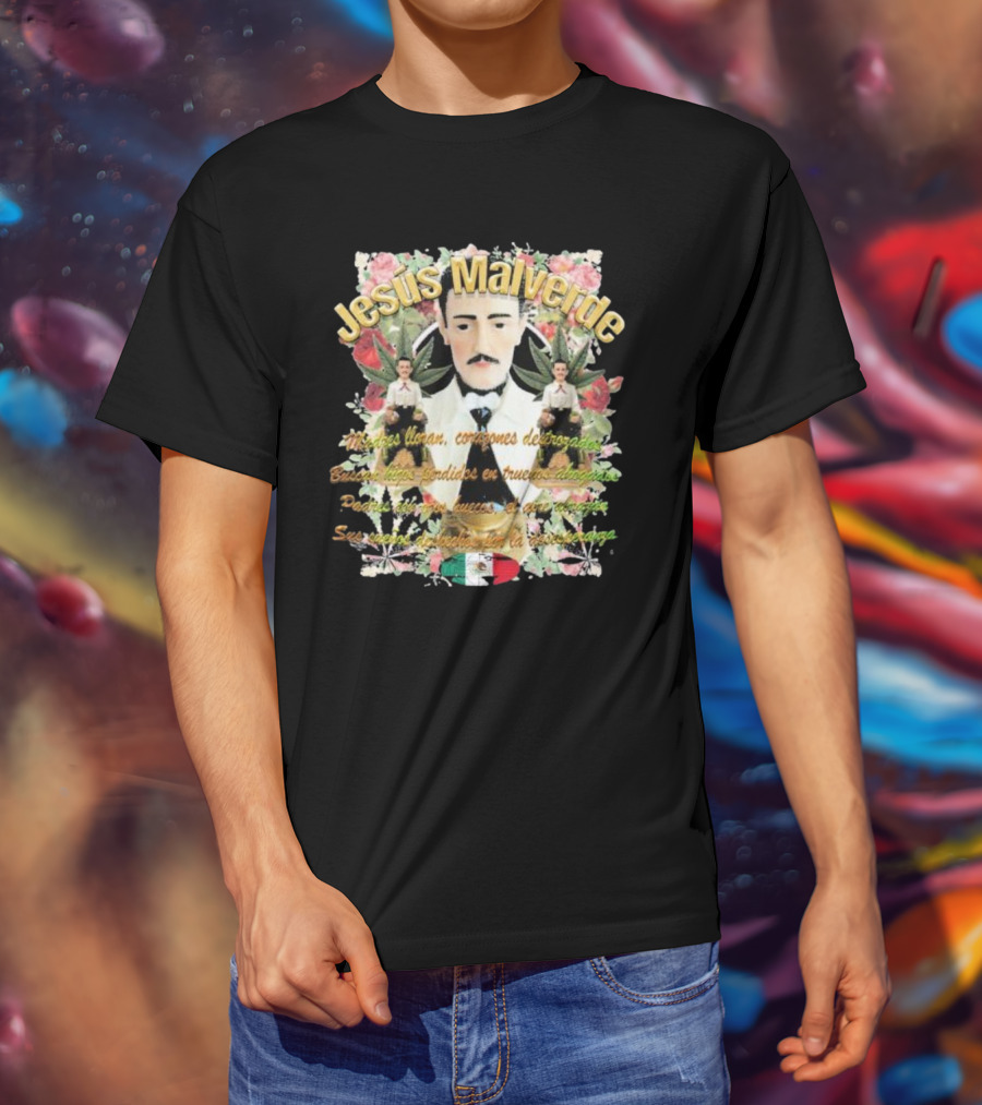 Jesús Malverde Iconic Figure With Flowers And Mexican Flag T-Shirt