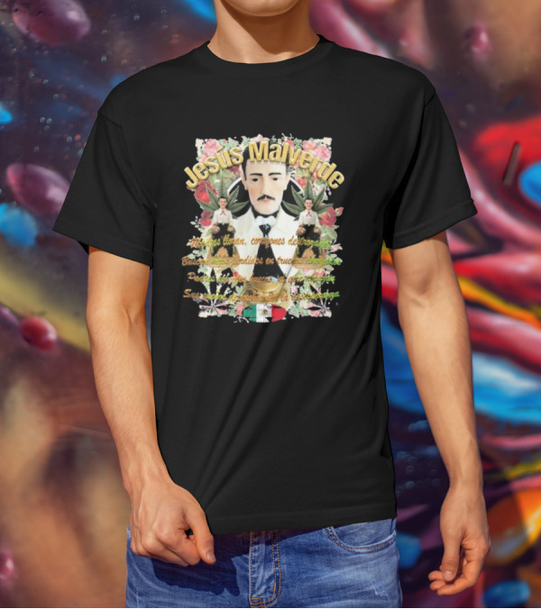 Jesús Malverde Iconic Figure With Flowers And Mexican Flag T-Shirt