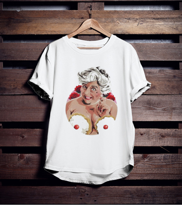 Nordacious Miriam Margolyes Humorous Portrait With Cakes And Roses T-Shirt