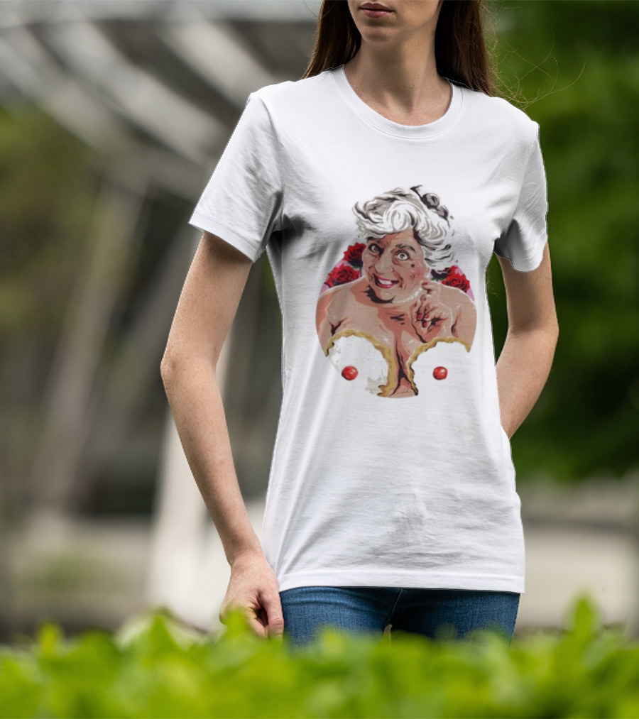 Nordacious Miriam Margolyes Humorous Portrait With Cakes And Roses T-Shirt