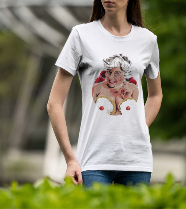 Nordacious Miriam Margolyes Humorous Portrait With Cakes And Roses T-Shirt