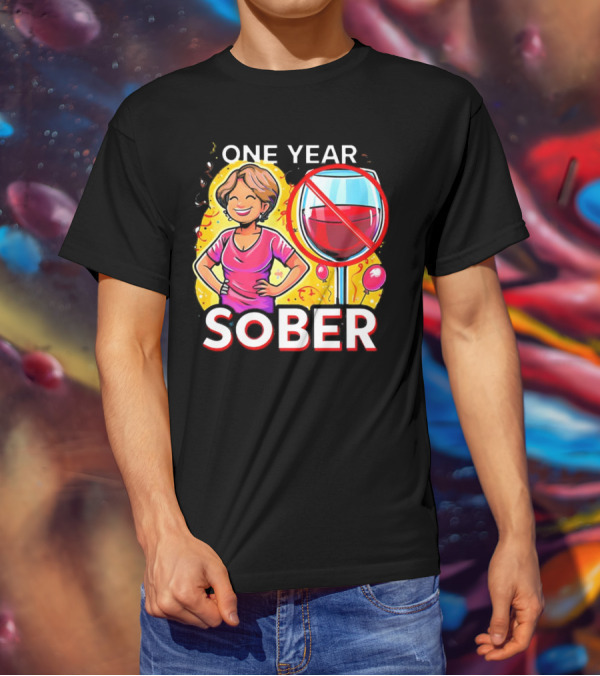 One Year Sober Celebration With Joyful Woman And No Wine T-Shirt