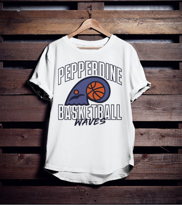 Pepperdine Waves Basketball Logo With Orange Basketball And Wave T-Shirt