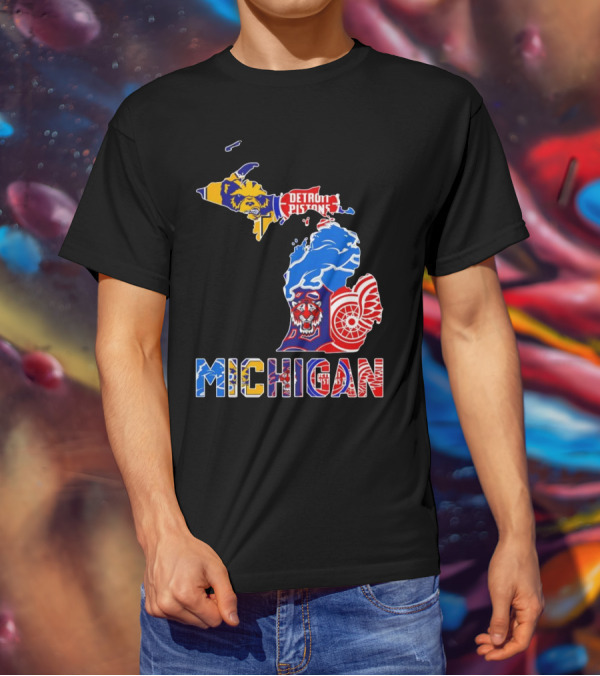Michigan Sports Teams Logos Map Detroit Pistons Lions Tigers Red Wings T-Shirt