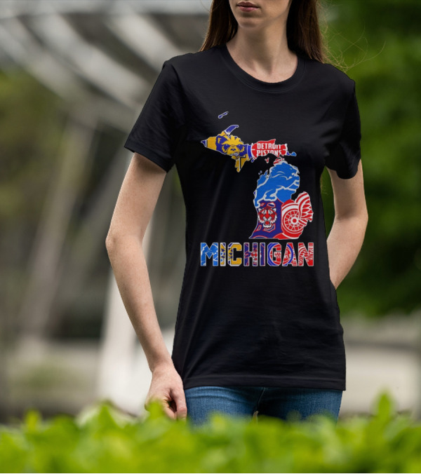 Michigan Sports Teams Logos Map Detroit Pistons Lions Tigers Red Wings T-Shirt