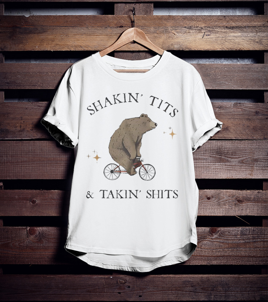 Shakin' Tits Bear Riding Bicycle And Takin' Shits With Stars T-Shirt