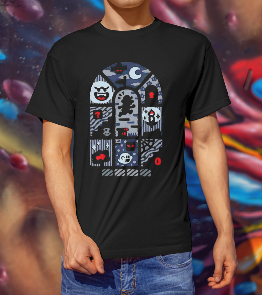 Super Mario World Ghost House Scene Elements Featuring Boo, Skull, And Keyhole T-Shirt