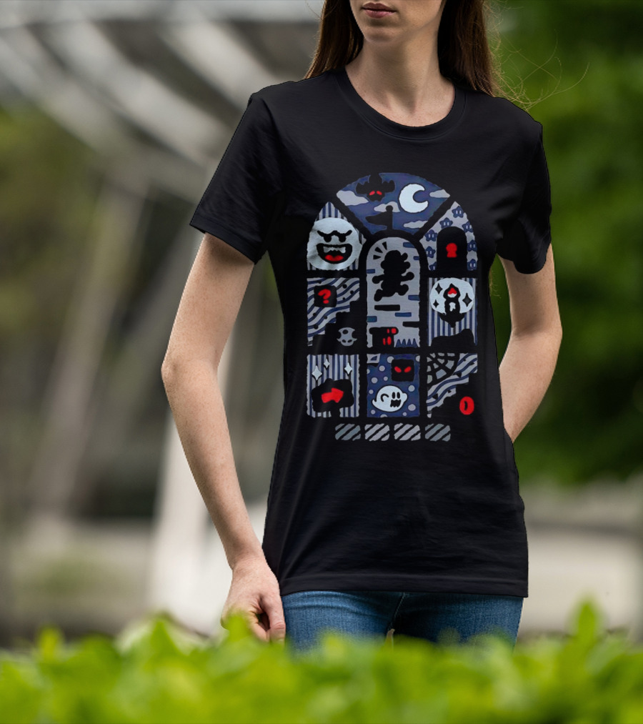 Super Mario World Ghost House Scene Elements Featuring Boo, Skull, And Keyhole T-Shirt