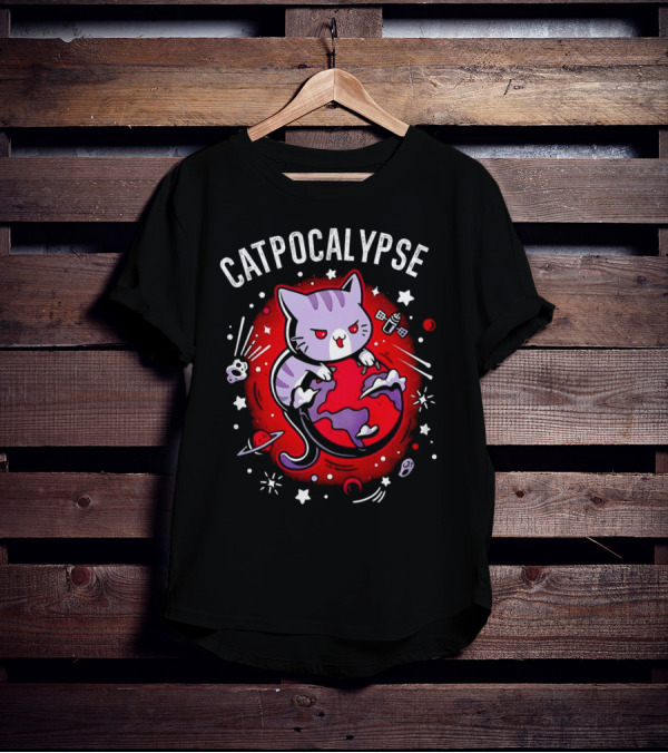 Catpocalypse Cat Battling Earth Amidst Cosmic Chaos T-Shirt