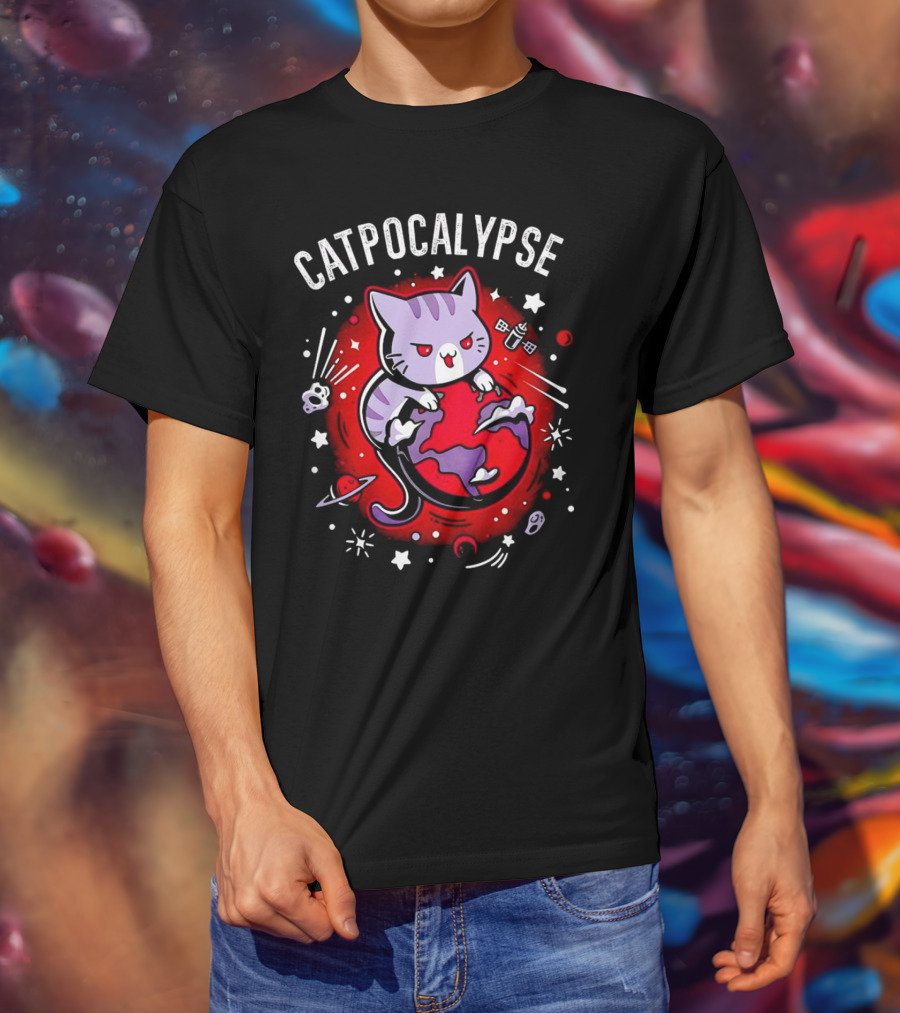Catpocalypse Cat Battling Earth Amidst Cosmic Chaos T-Shirt