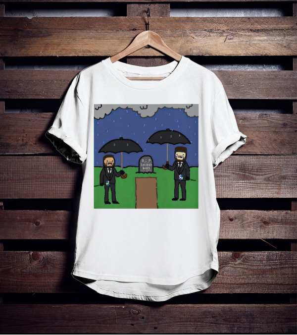RIP SplashBros Cartoon Memorial With Suited Figures Holding Black Umbrellas T-Shirt