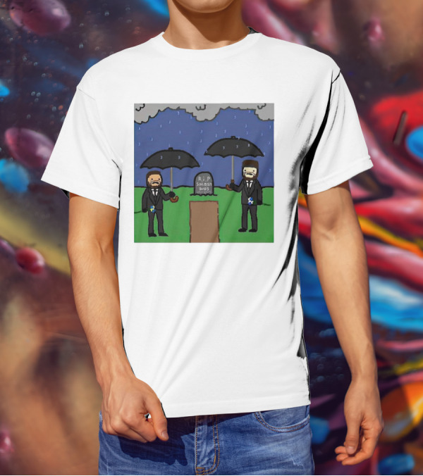 RIP SplashBros Cartoon Memorial With Suited Figures Holding Black Umbrellas T-Shirt