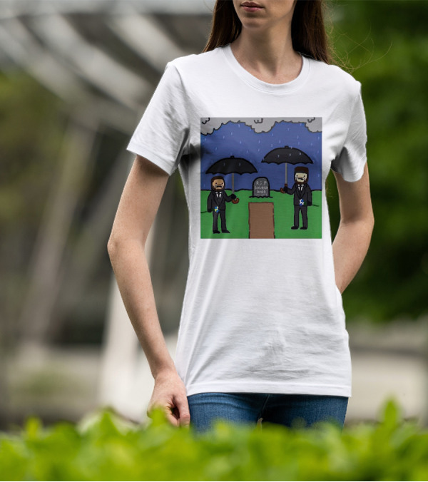 RIP SplashBros Cartoon Memorial With Suited Figures Holding Black Umbrellas T-Shirt