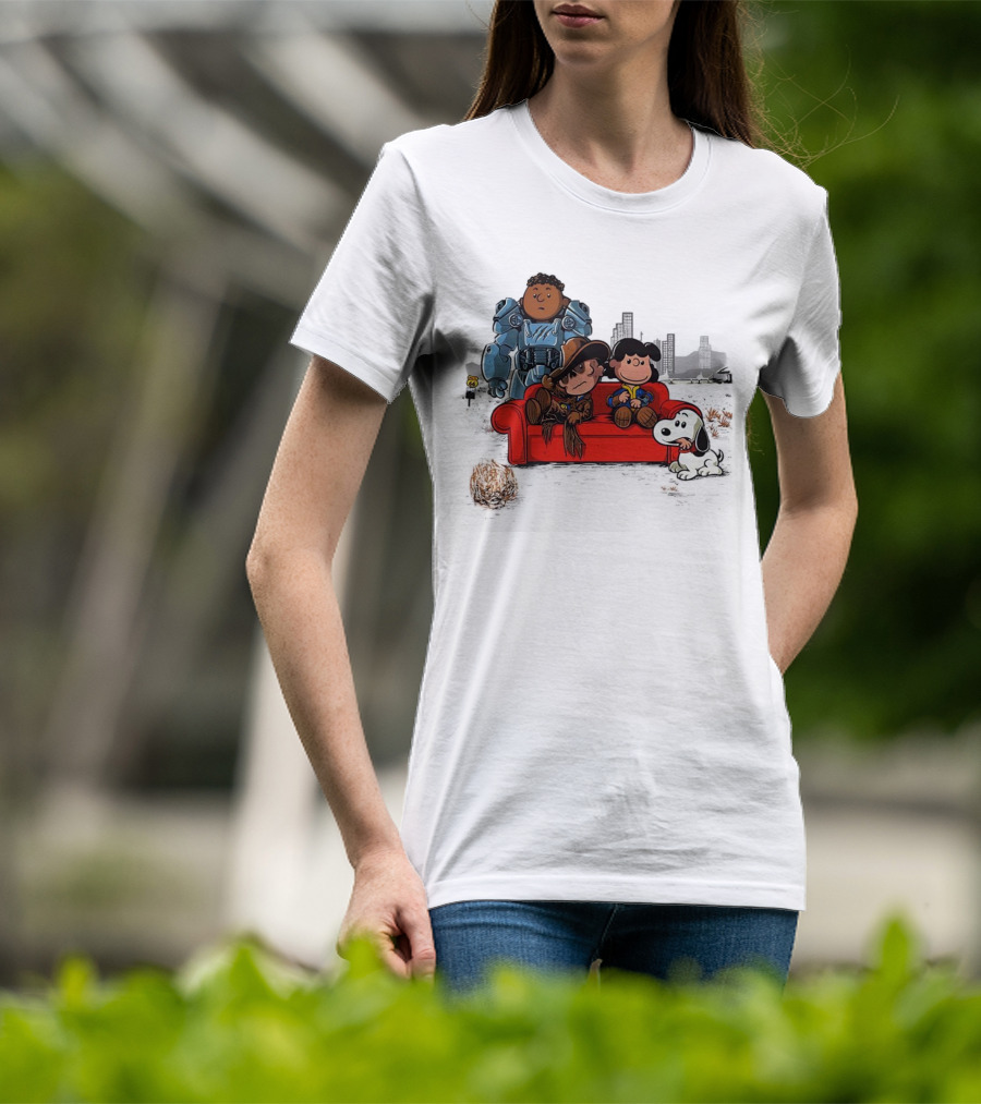 Peanuts Fallout Characters Crossover On Red Couch In Post-Apocalyptic City Scene T-Shirt
