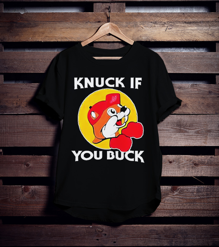 Knuck If You Buck Buc Ees Logo Red Cap Yellow Circle Boxing Gloves T-Shirt