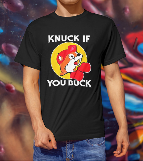 Knuck If You Buck Buc Ees Logo Red Cap Yellow Circle Boxing Gloves T-Shirt