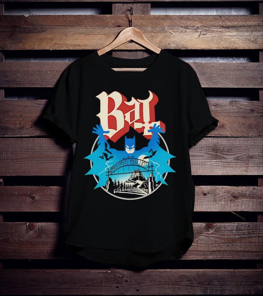 Bat Gotham Asylum Blue Bat Symbol And Red Gothic Font T-Shirt