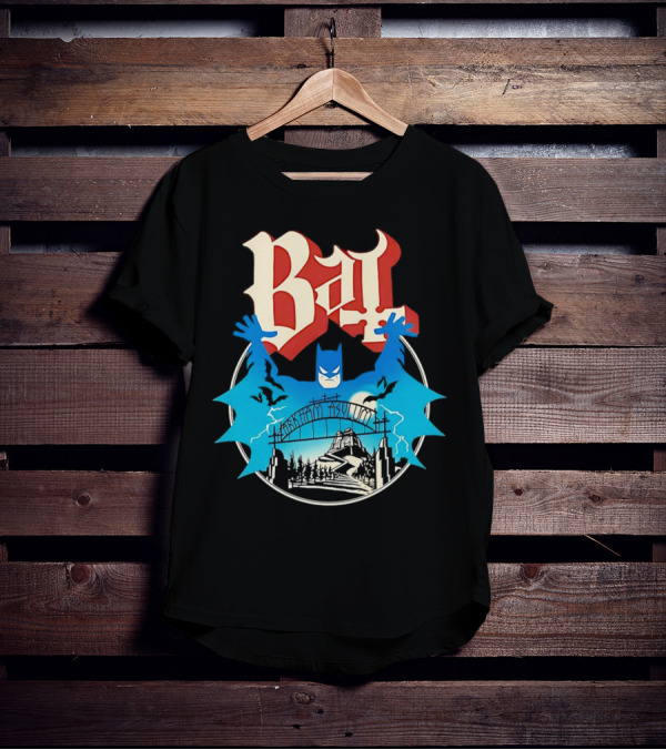 Bat Gotham Asylum Blue Bat Symbol And Red Gothic Font T-Shirt