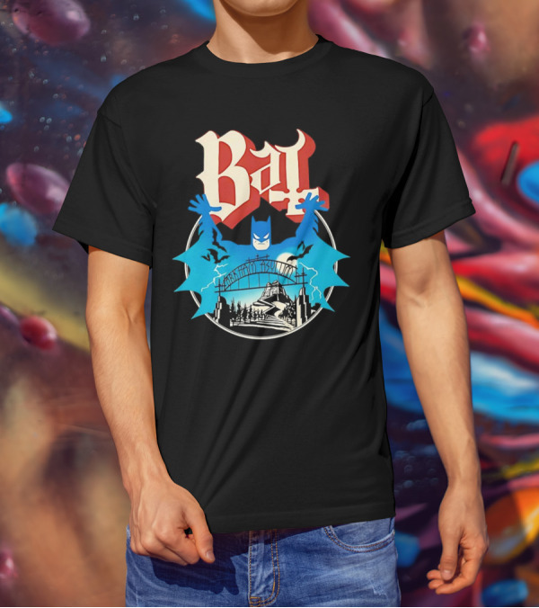 Bat Gotham Asylum Blue Bat Symbol And Red Gothic Font T-Shirt