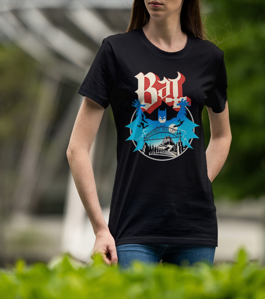 Bat Gotham Asylum Blue Bat Symbol And Red Gothic Font T-Shirt