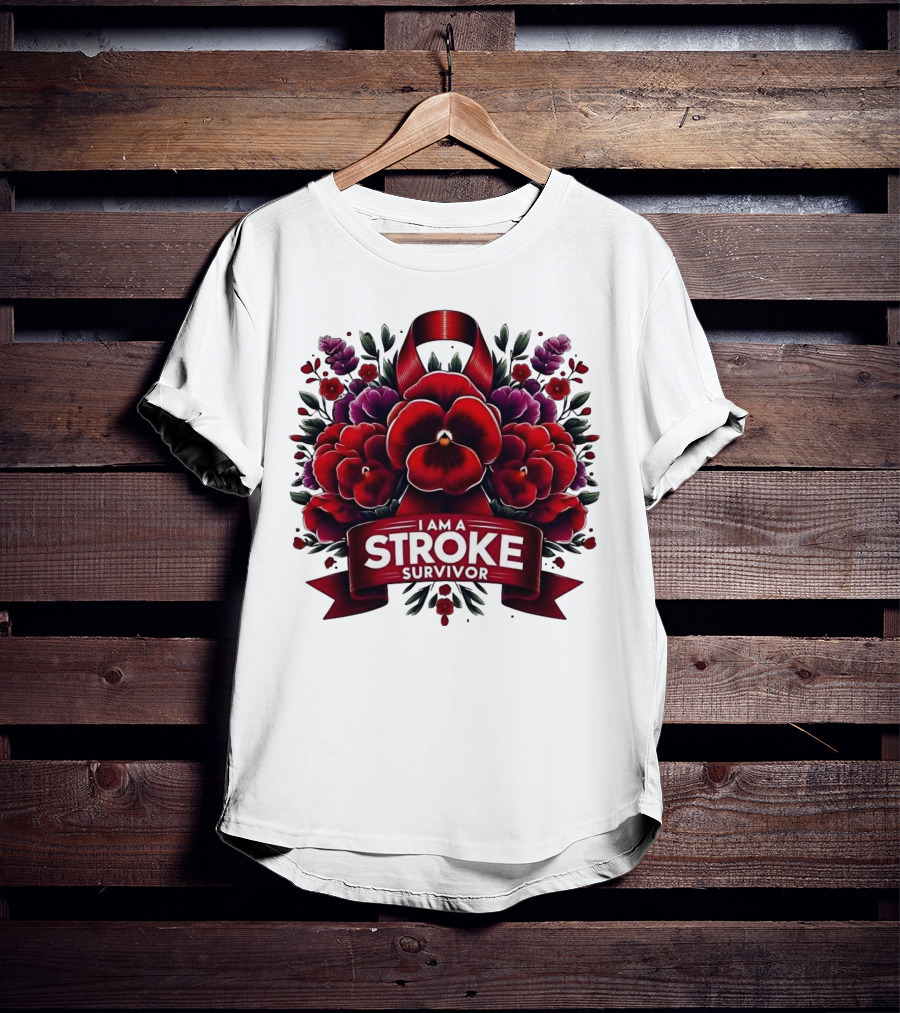 I Am A Stroke Survivor Red Ribbon And Floral Bouquet T-Shirt